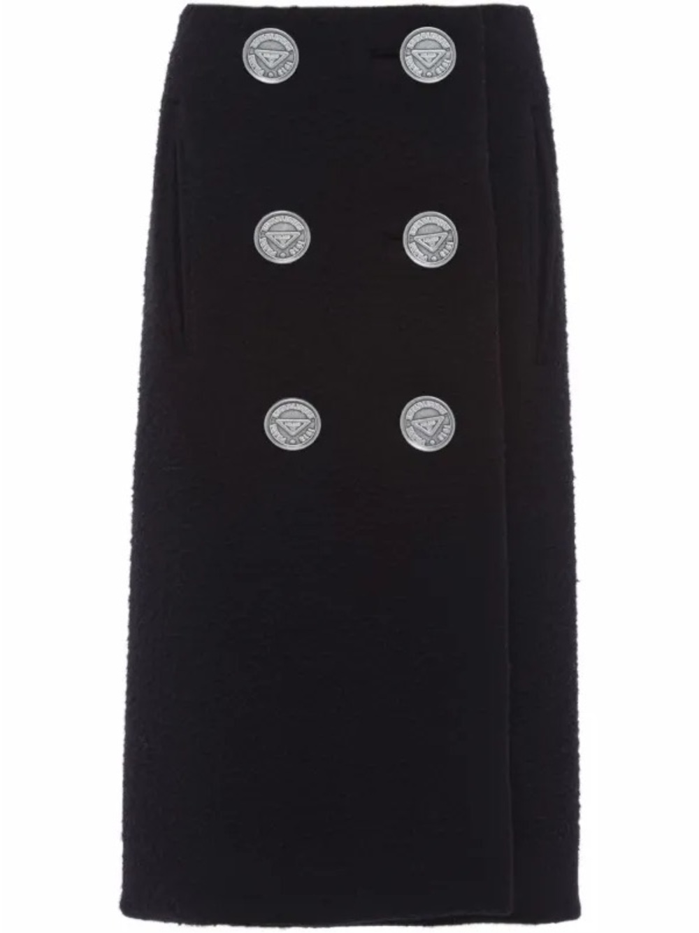 Authentic Prada wool Black Double-Breasted midi Skirt Silver logo Buttons small